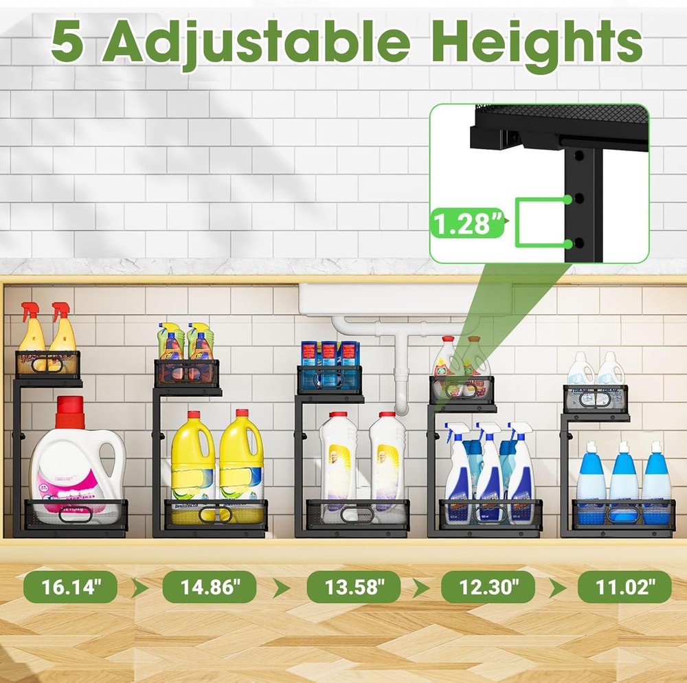 Rust-Resistant Under Sink Storage Racks: Metal 2-Tier Pull-Out Shelves - 2-Pack