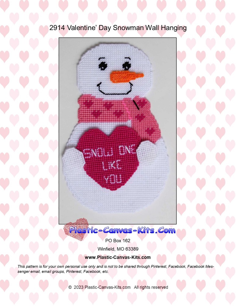 Valentine's Day Snowman Wall Hanging-Plastic Canvas Pattern or Kit