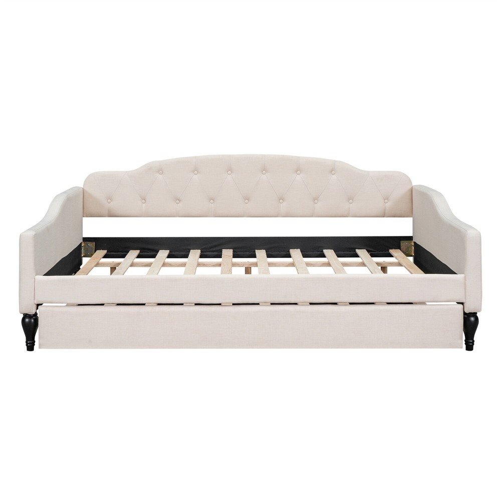 Full Size Daybed w/ Pull Out Trundle Bed Upholstered Bed Frame Sofa Bed Beige