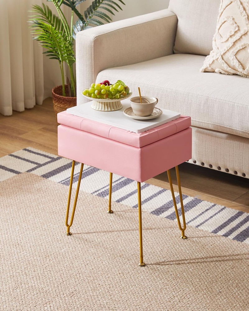 Multifunctional Storage Vanity Stool with Flip Tabletop, Adjustable Metal Leg...