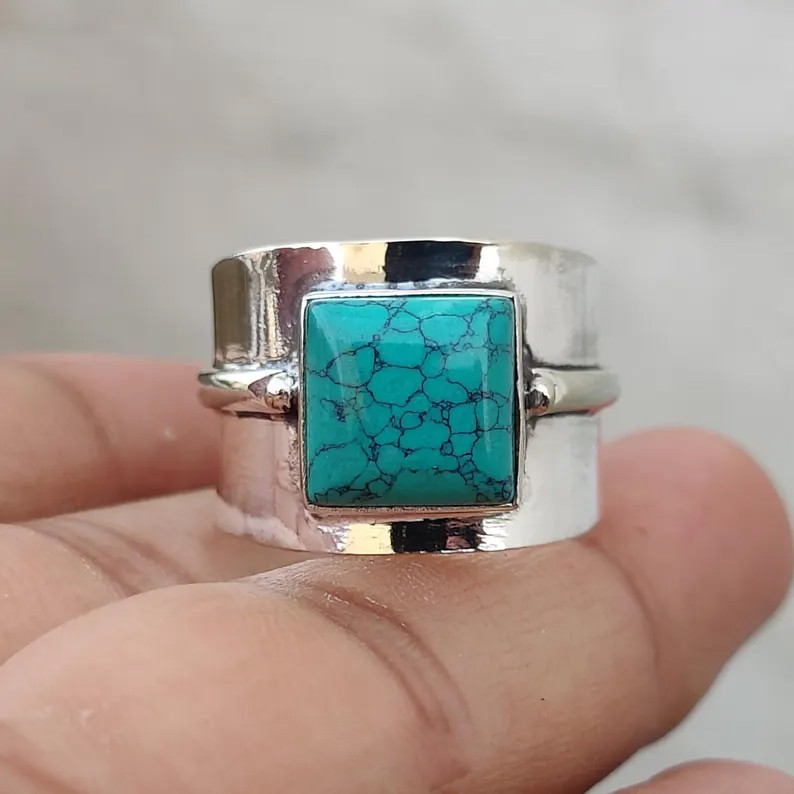 Solid 925 Sterling Silver Natural Turquoise Square Gemstone Wide Band Boho Ring