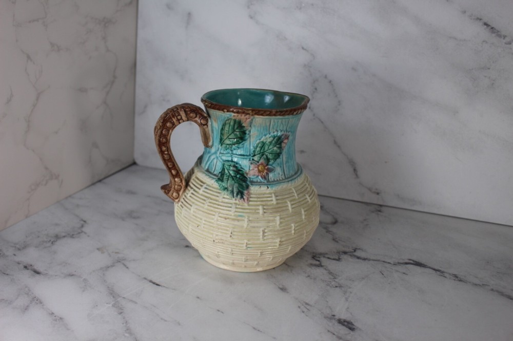 Majolica Pitcher Woven Blue & White Basket Design