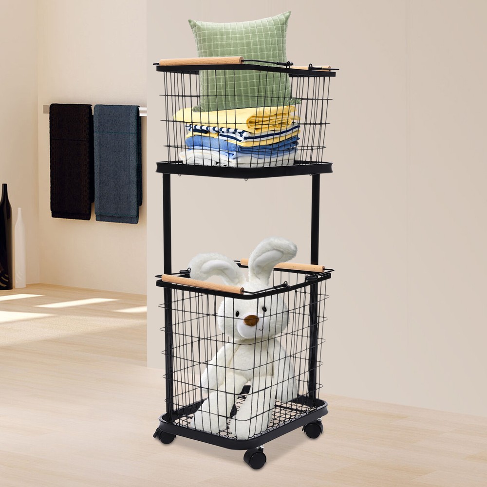 Black Metal Laundry Basket With Wheels 2-tier Laundry Basket Rectangular Iron