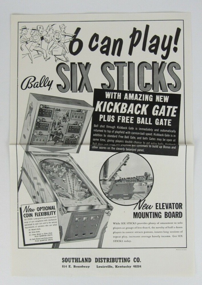 Original Bally Six Sticks Pinball Advertising Flyer