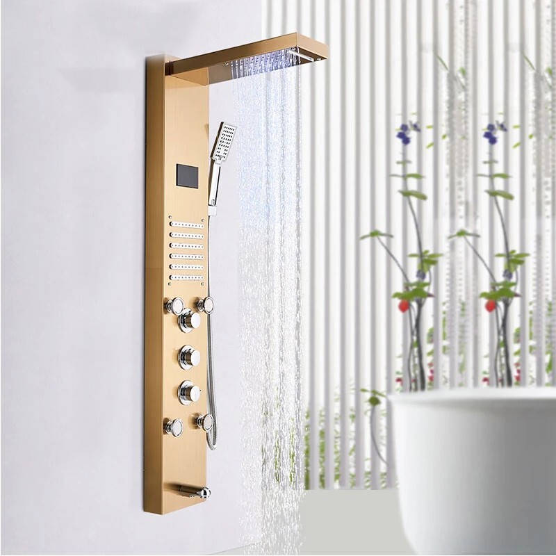 Brushed Gold Shower Panel Tower System LED Rainfall Waterfall Head Faucet Set