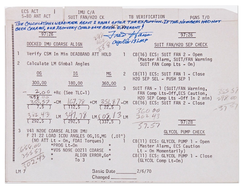 Fred Haise Signed Apollo 13 Flight Plan Notes