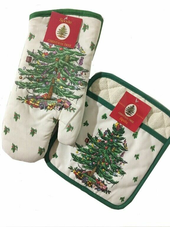 Spode Christmas Tree Oven Mitt Potholder Terry Lined Cotton Kitchen Set of 2