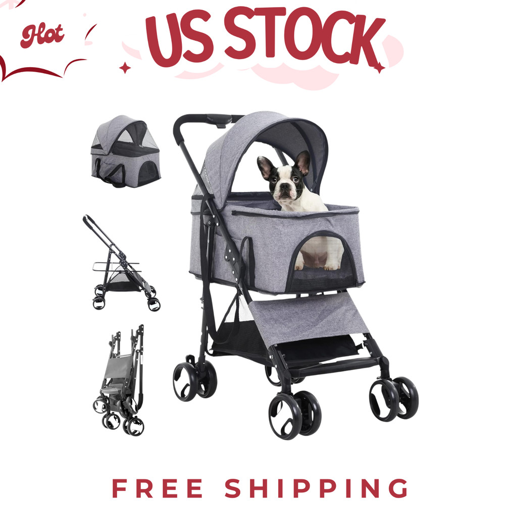 3-in-1 Folding Pet Stroller & Detachable Carrier - One-Button Quick Fold
