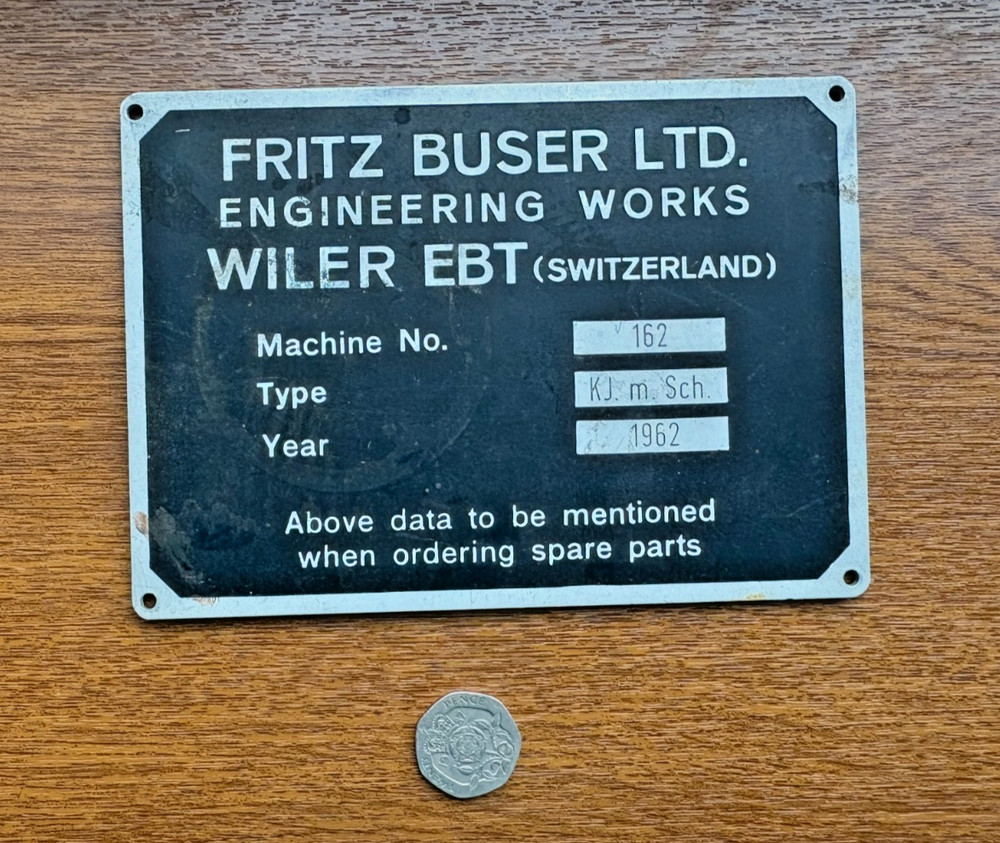 Fritz Buser Ltd Engineering Works Wiler EBT Switzerland Machine Plate 1962