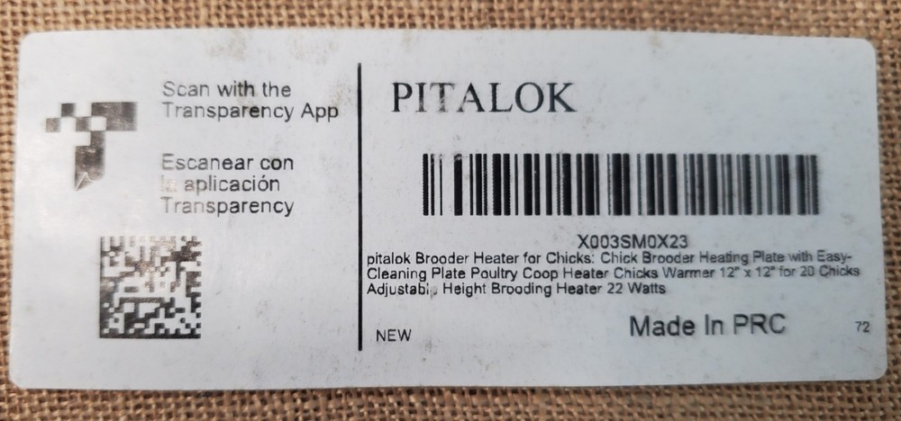 Pitalok Chick Brooder Heater 12" X 12" Adjustable Height Black