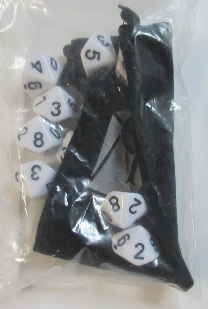 Polyhedral 10 - D10 Dice with Bag - Opaque White