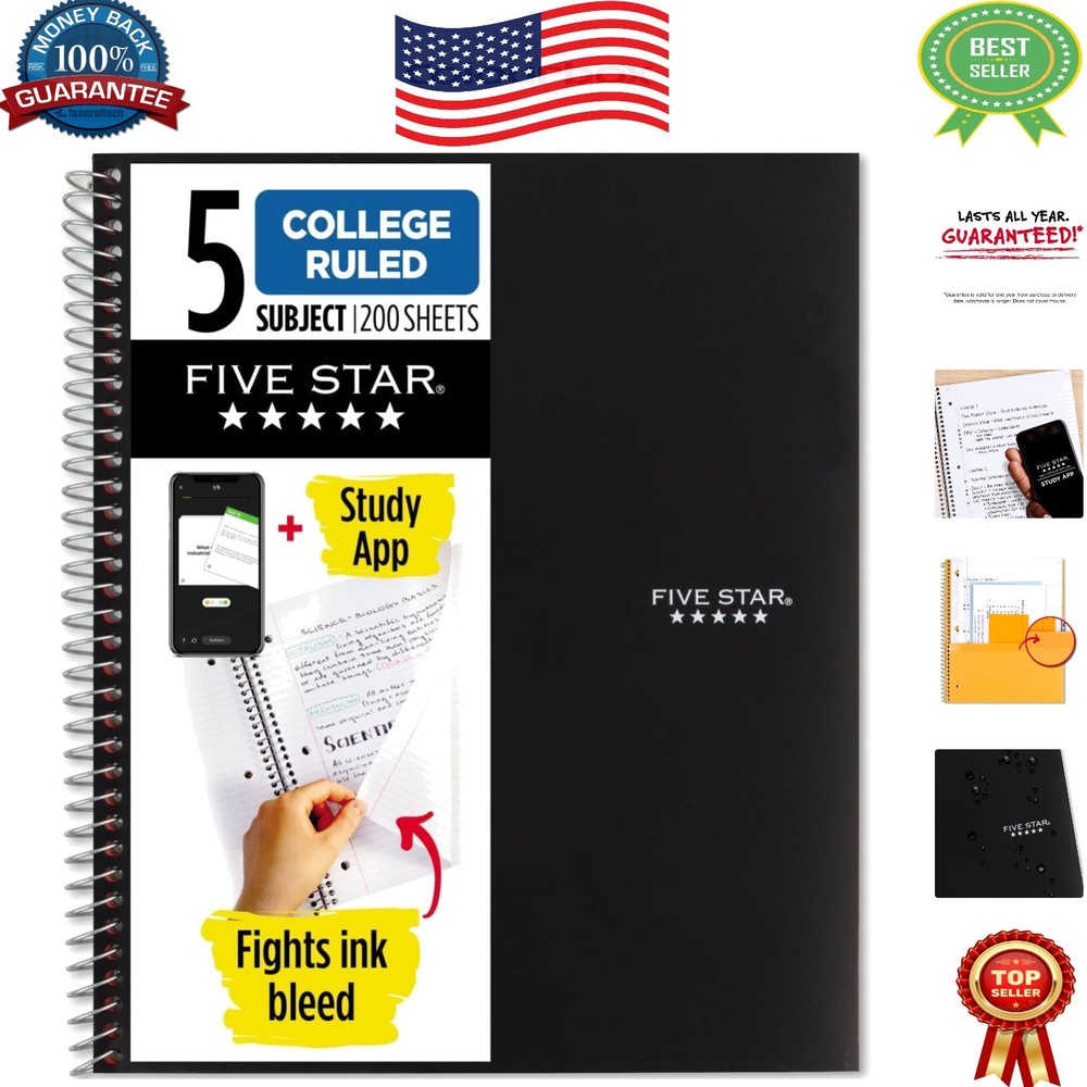 5 Subject Spiral Notebook + Study App, Ink Bleed Resistant, 200 Sheets, Black