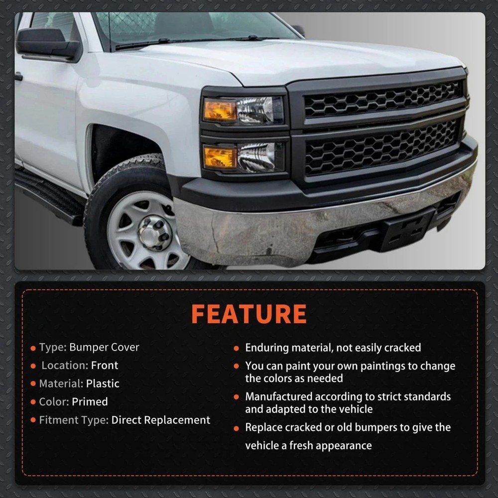 Primed Plastic Front Upper Bumper Cover Replacement for Silverado 1500 2014-2015