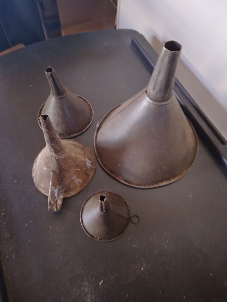 4 Vintage Steel Fuel Funnels