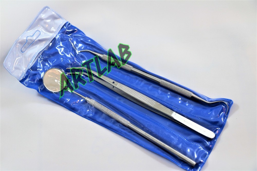 4 GERMAN BASIC DENTAL SETS- EXPLORER PROBE+DENTAL MIRROR+COLLEGE COTTON PLIER