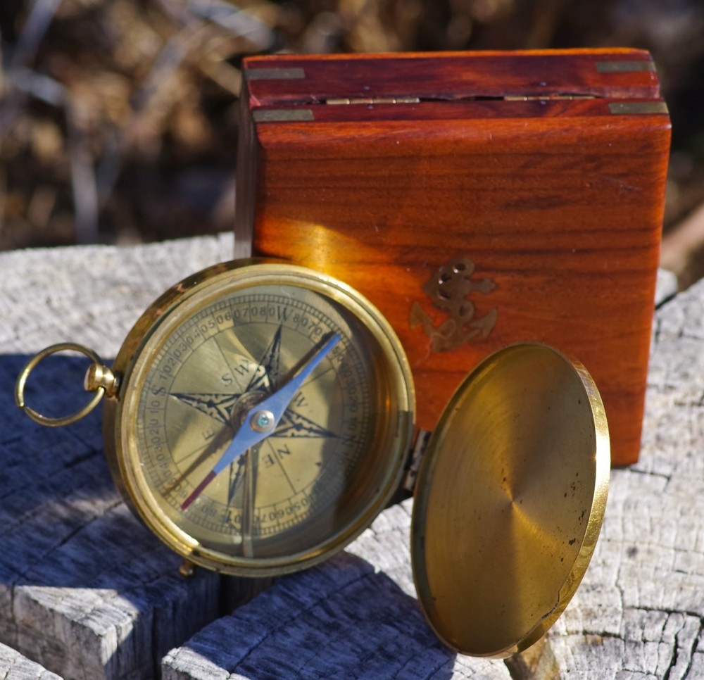 Nautical Solid Brass COMPASS In Rosewood Box