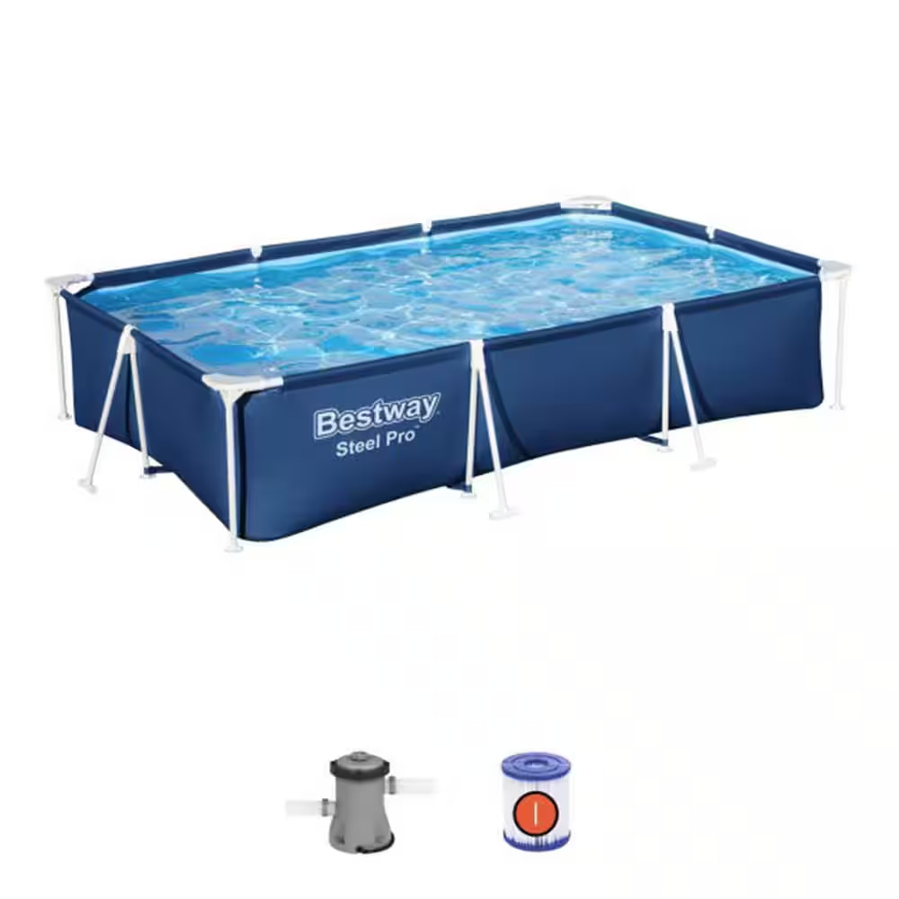 9.8x6.6 Ft Metal Frame Above Ground Pool Set 26" Deep Rectangular Backyard Fun