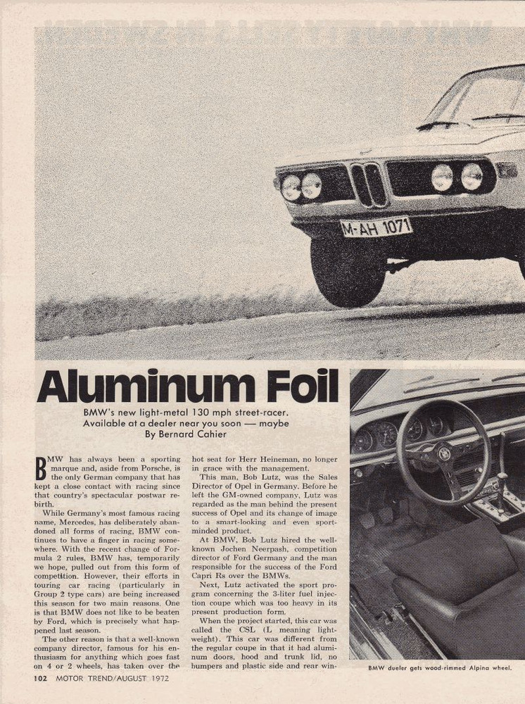 1972 BMW CSR  ~ ORIGINAL 3-PAGE ARTICLE / AD