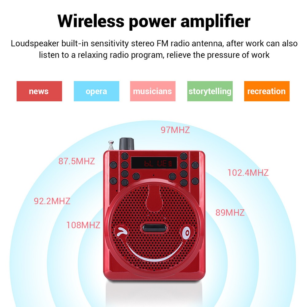 Portable Bluetooth PA System Headset Microphone Rechargeable USB Micro SD FM Red