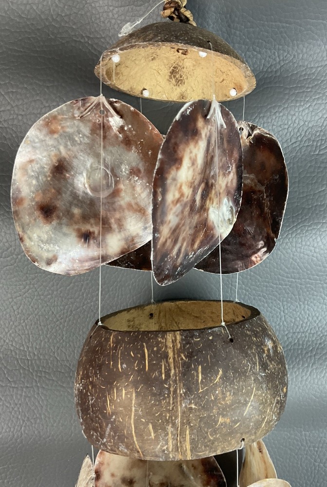 Vtg Capiz & Coconut Shell Boho Macrame Hanging Wind chime Home Decor