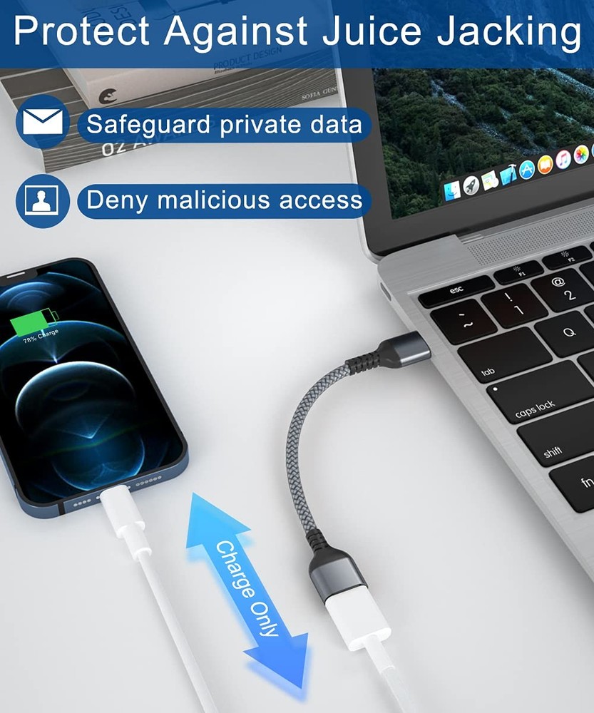 USB Data Blocker Adapter 3-Pack,Charge Only Type-A Cable,Data Blocking Defender
