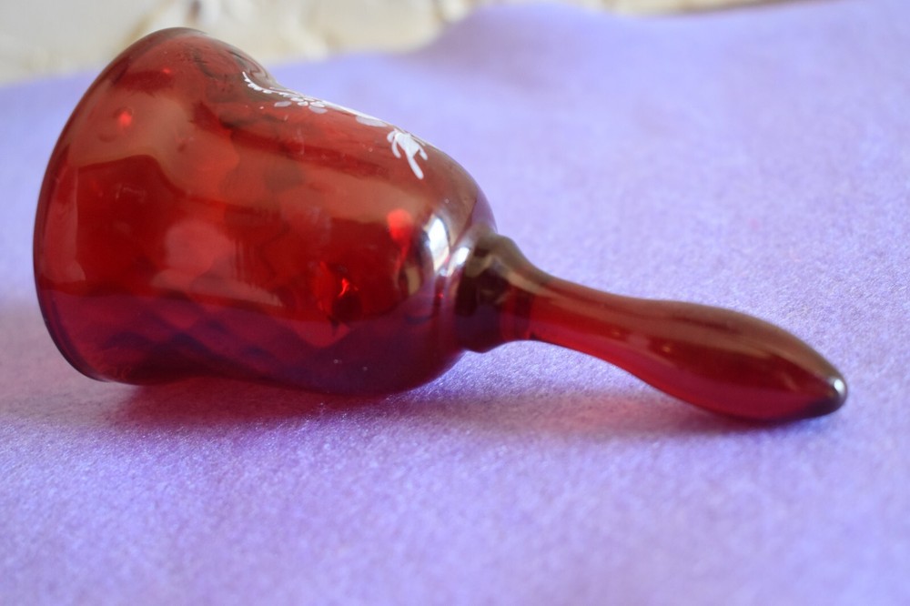 Fenton Glass Small Ruby Red Optic Bell Hand Painted Floral Scene Signed Freda K