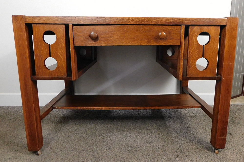 Antique 1920s Arts Crafts Mission Solid Oak Bookcase Desk Library Console Table
