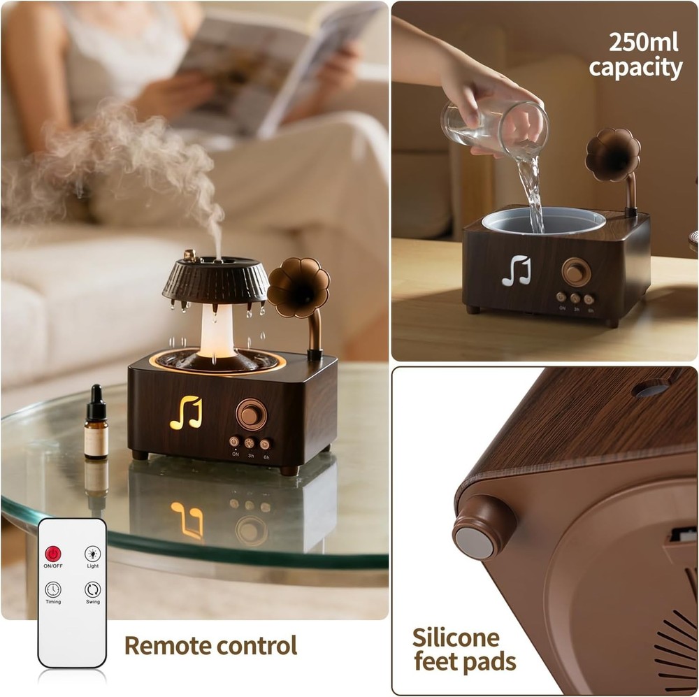 250ml Aromatherapy Diffuser Humidifier, Ultrasonic Rain Mist, Remote, Dark Wood