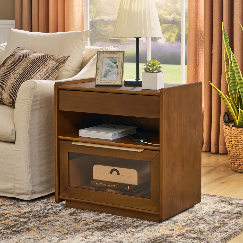 Bedside Table with Charging Station 2 Glass Drawers Features Open Shelving