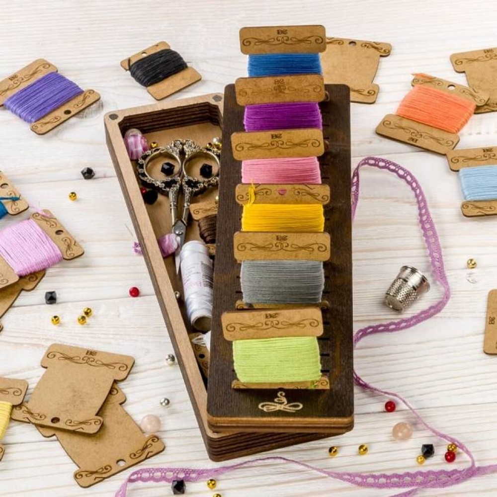 Plywood Needlework Box + 23 spools Needlework Organizer Thread/Floss organizer