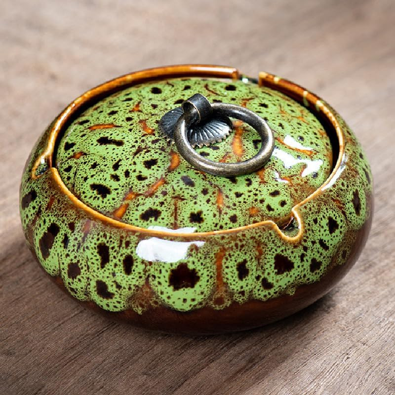 Handmade Ceramic Ashtray with Lids, Windproof Ashtray Smokeless for Indoor or...