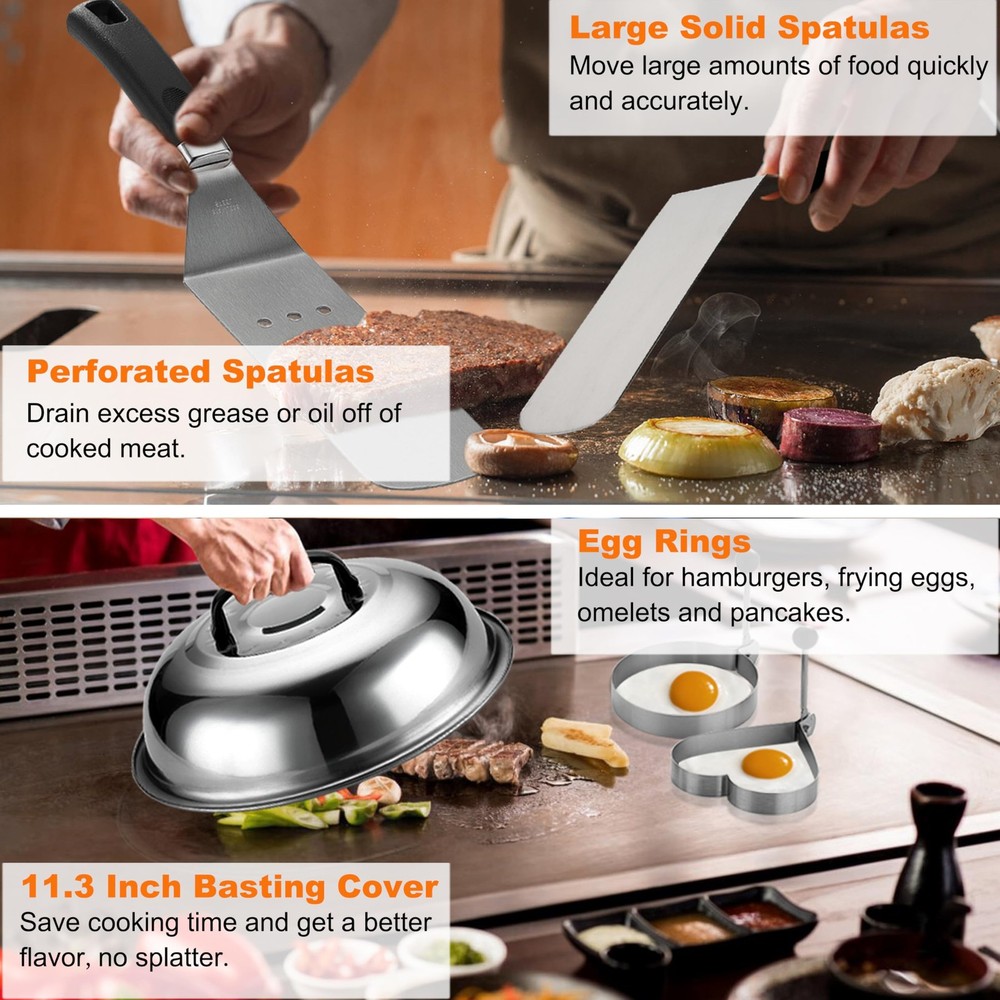 Professional Griddle Accessories Kit Set with Smash Burger Press - Extra Thick
