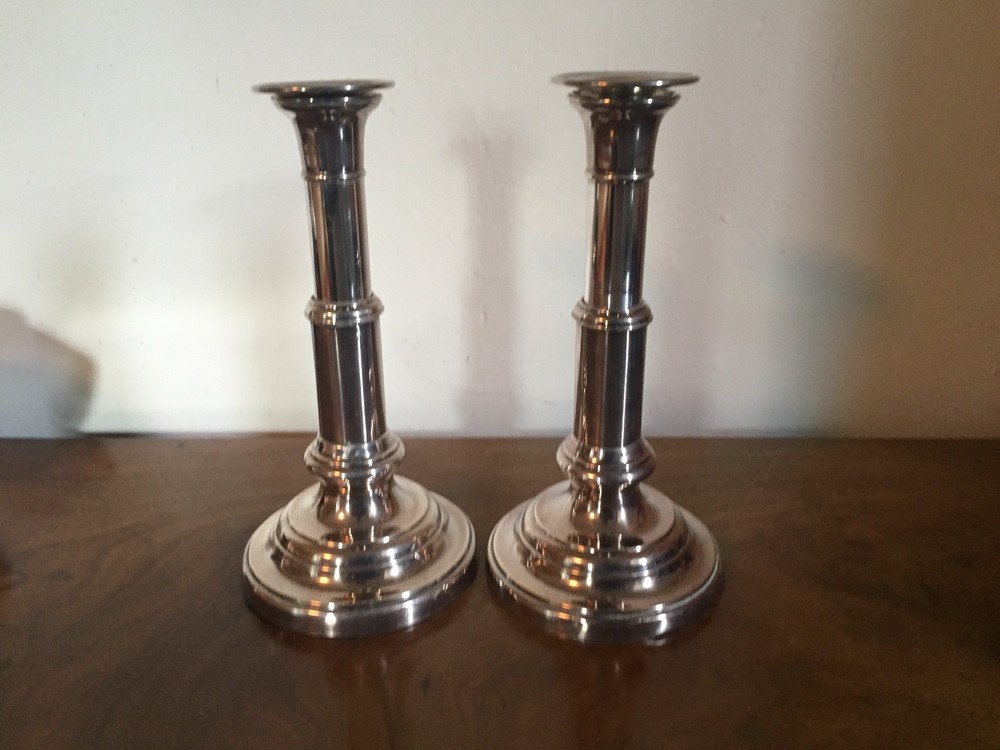 Pair 19th c. Old Sheffield Silver Plate on Copper Telescoping Candlesticks