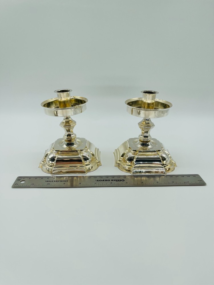 Pair Danish Denmark Silver Plated Candlesticks & Tray