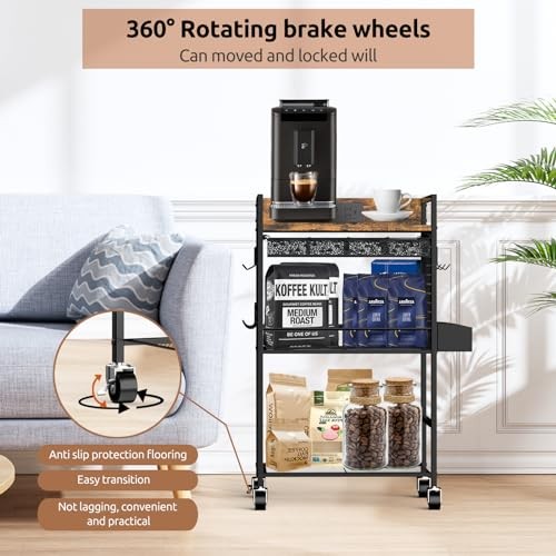 Compact Coffee Bar Cabinet with Power Outlet, Lockable Wheels, and Storage