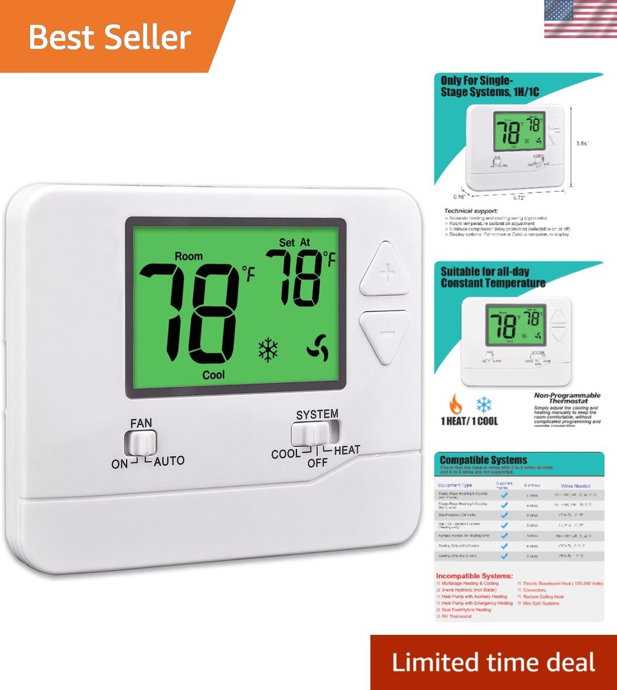 Energy-Saving Non-Programmable Thermostat with Green Backlight - Perfect for ...