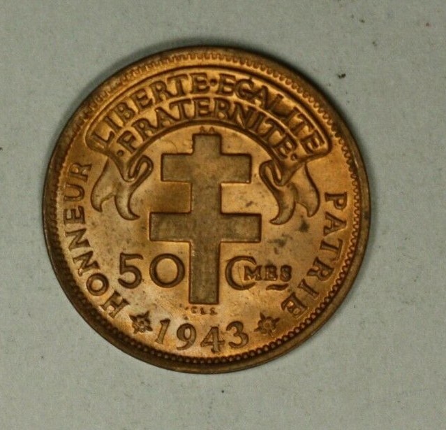 Madagascar 50 Centimes 1943 Red Gem BU A1972