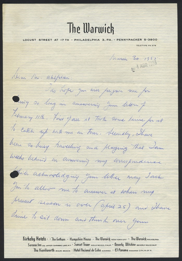 William PRIMROSE (Violist): Three Letters Concerning South American Performances