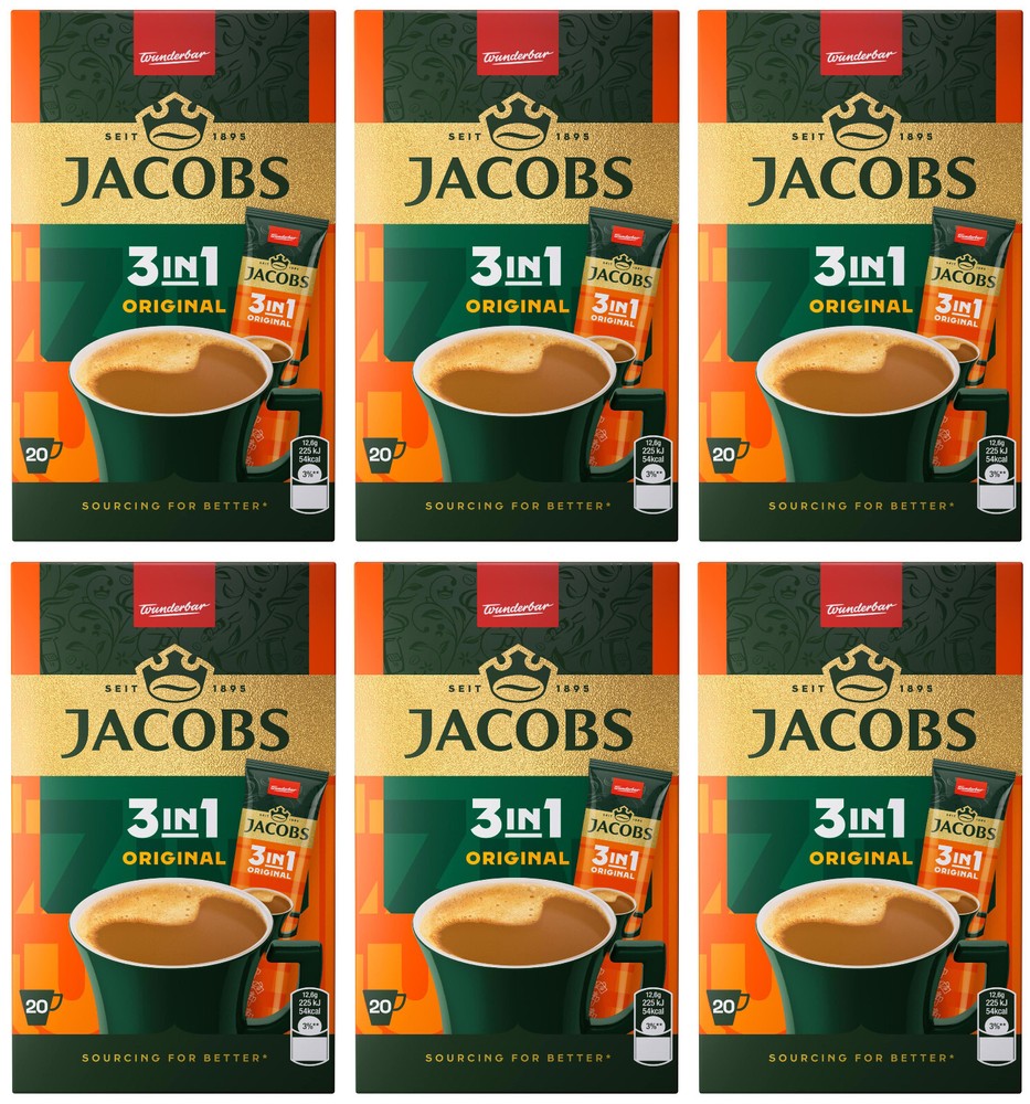 6 JACOBS ORIGINAL 3IN1 Instant Coffee 20 Sticks Boxes 252g 8.88oz