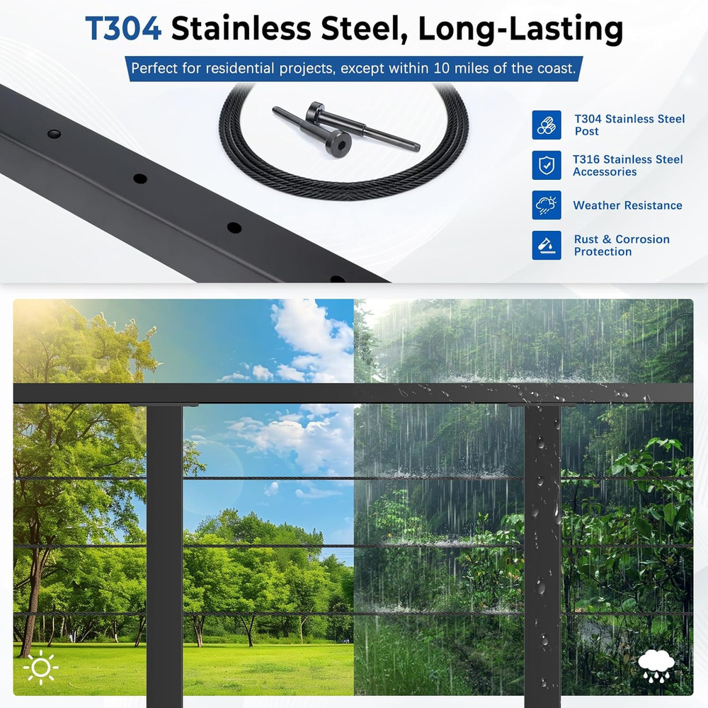 36" Modular Cable Railing Post Kit - 12-16FT Adjustable DIY Deck System