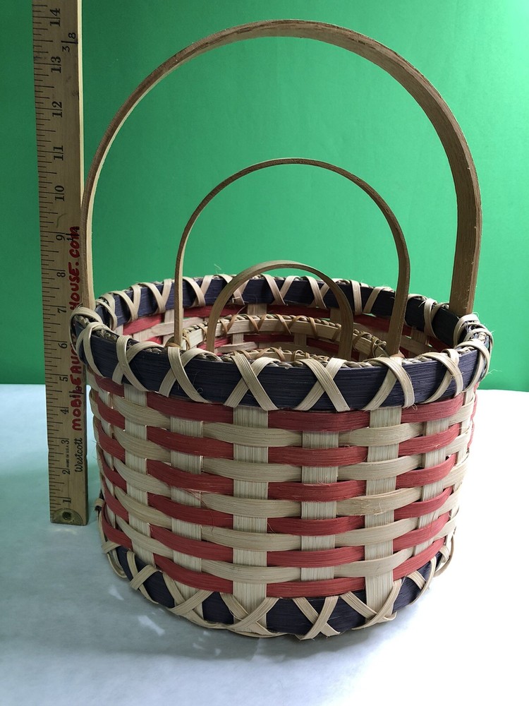 Set 3 Round Handled Woven Baskets Wood Nesting Large Medium Small Signed 2001