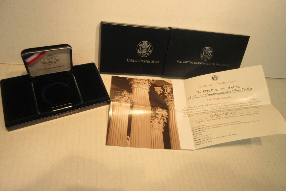EMPTY BOX & COA for 1994 U.S. Capitol Bicentennial Proof Silver Dollar