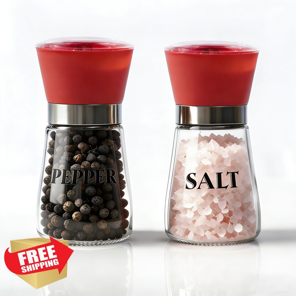 Red Salt Pepper Grinder Set 2 Adjustable Coarseness Kitchen Mill