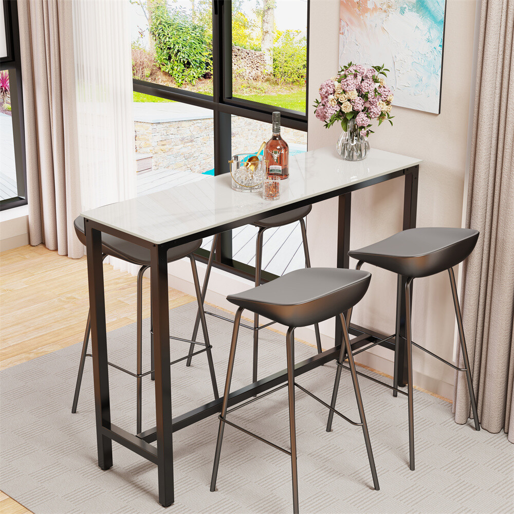 Extra Long Kitchen High Bar Table Narrow Rectangular Coffee Pub Table Marble Top