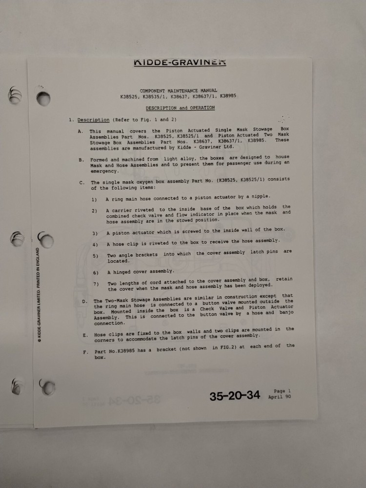 Kidde-Graviner Mask Stowage Box Assemblies Component Maintenance Manual-Original