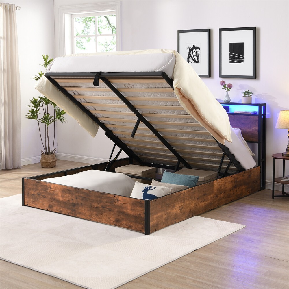Full/Queen Size Bed Frame Wood Platform Bed Frame w/ Storage & LED Lights US
