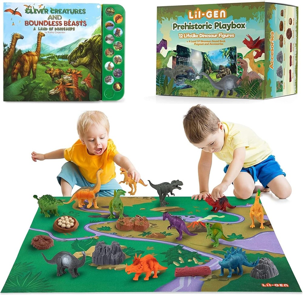 12 Dinosaur Figures w/ Playmat Interactive Sound Book Rocks Trees Educational 3+
