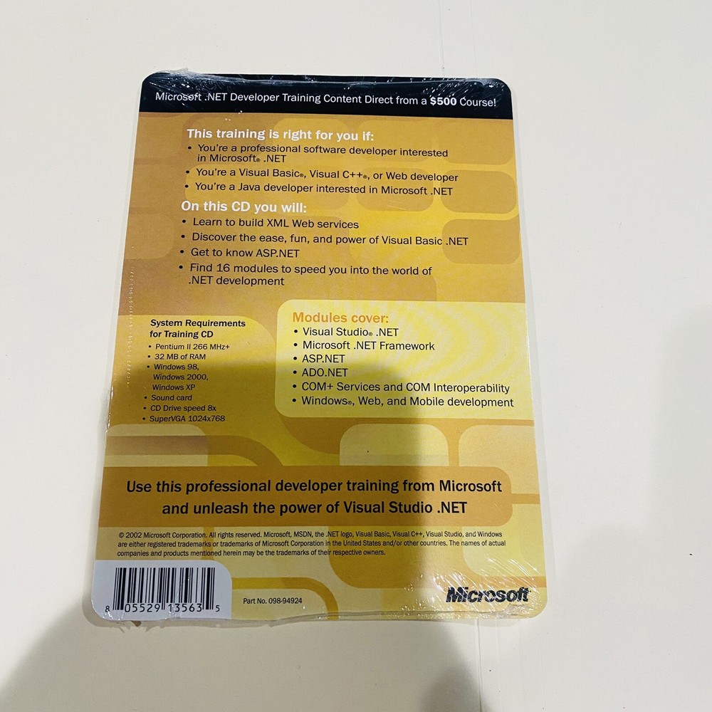 Microsoft Net Developer Training MSDN .net Vtg 2002 CD Software NOS Advertising