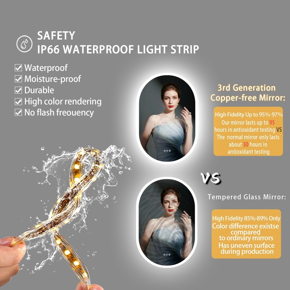 35'' Oval LED Bathroom Mirror w/ Touch Sensor Backlight Wall Vanity Mirror Defog