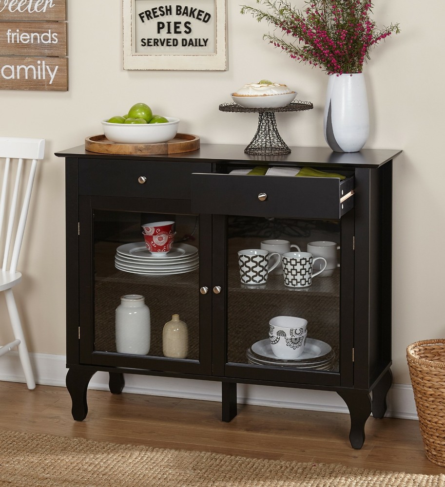Black Wooden Buffet Console Server Storage Dining Curio Display Table Glass Door